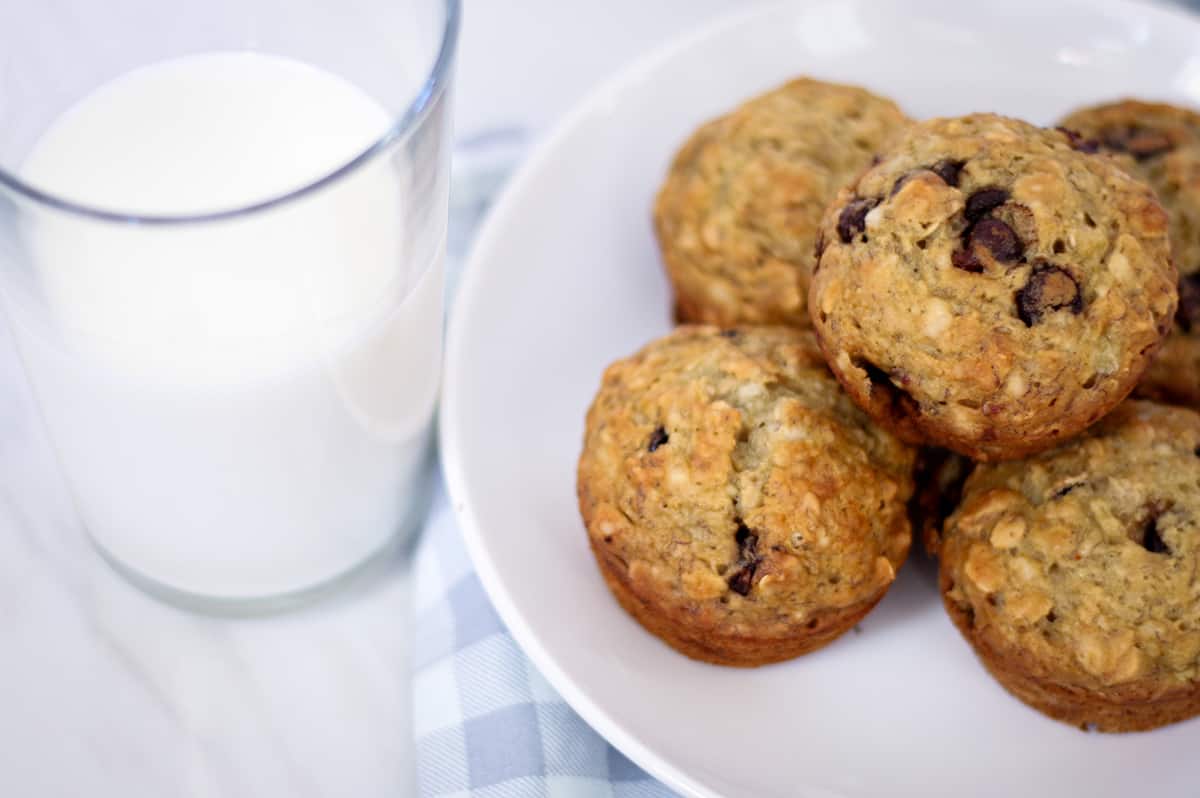 A plate with sourdough banana oat muffins and glass of milk. 