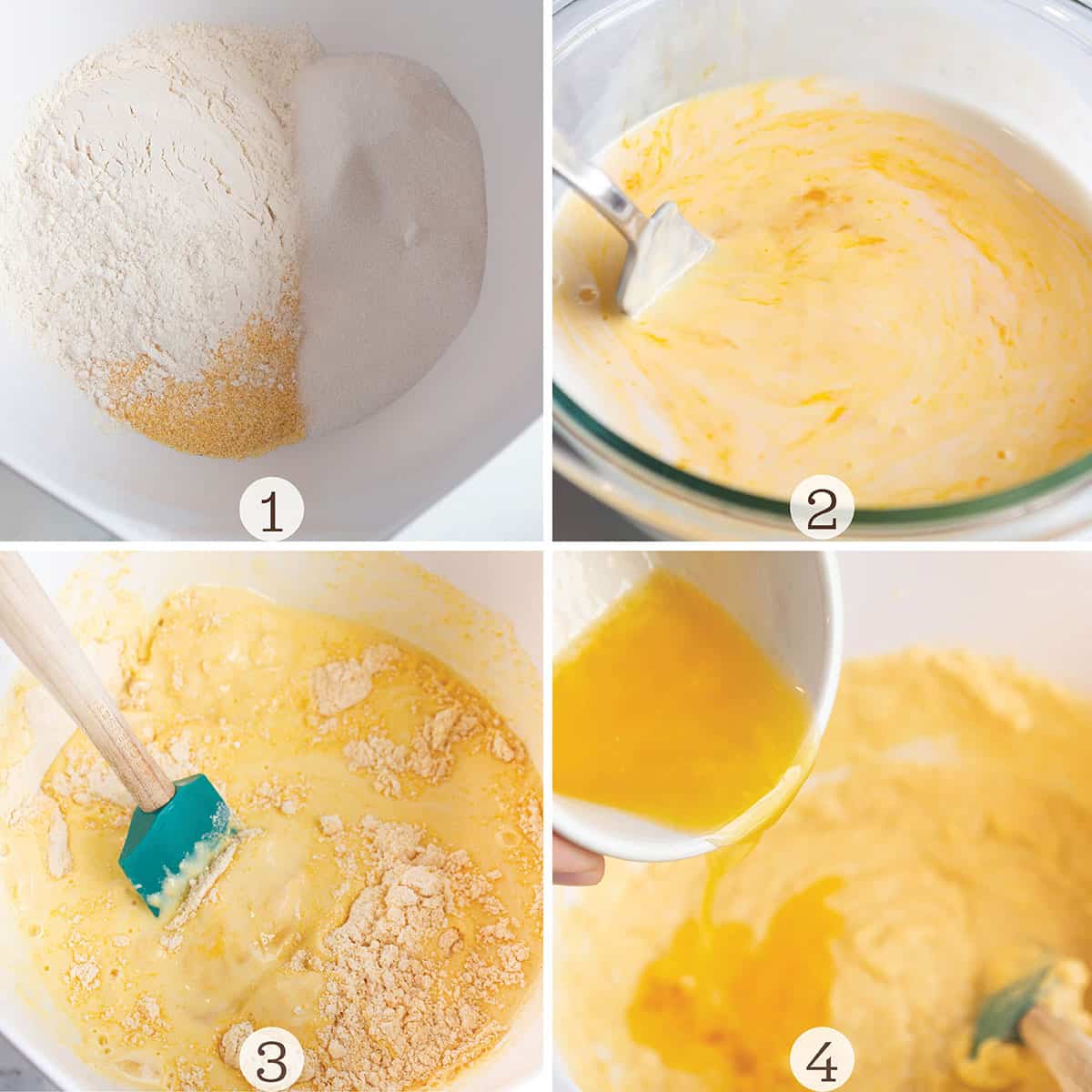 Four images, one of flour and cornmeal mixed, then a bowl with wet ingredients and then the two combine. 