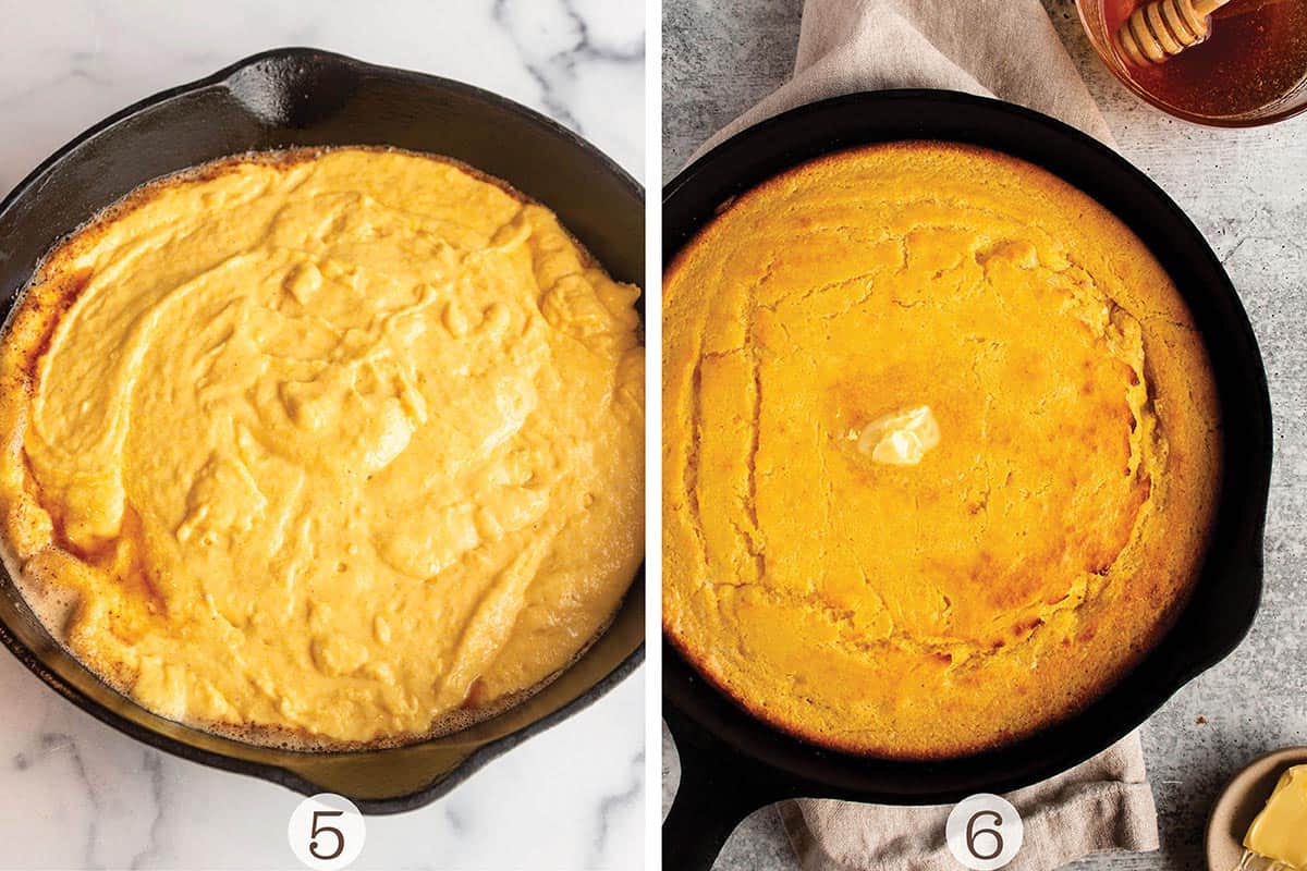 A cast iron pan with cornbread batter and then when it is fully baked.