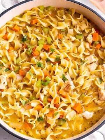 A white Dutch Oven full of a soup with noodles, carrots, celery and chicken.