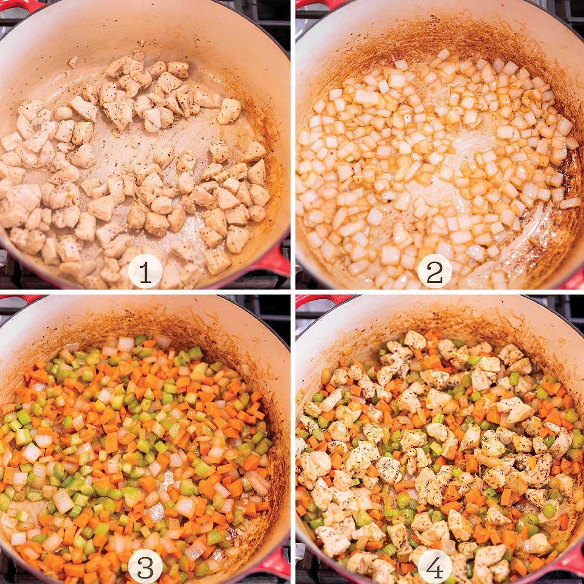 Four step by step images to make a homemade soup.