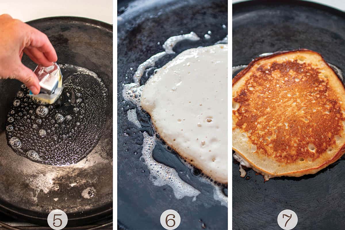Three photos of pancakes cooking on a griddle.