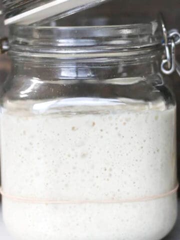 A flip lock jar with active sourdough starter.