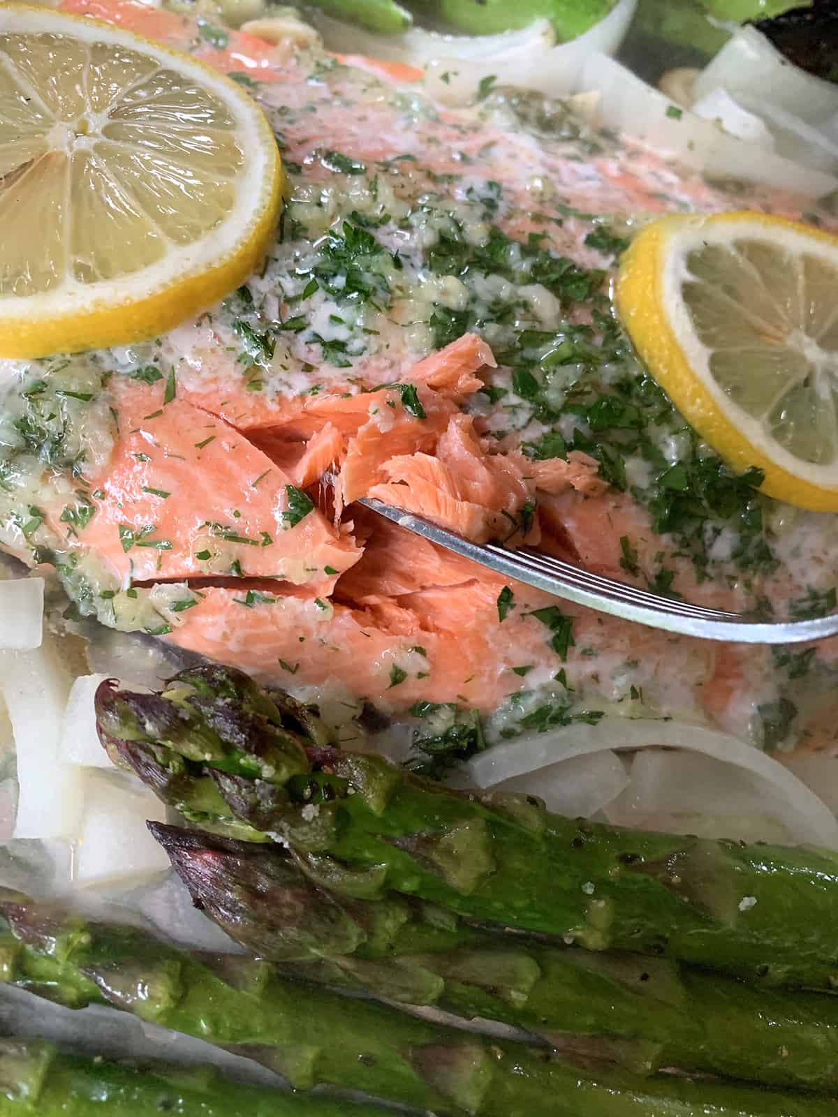Flakey salmon topped with lemon and herbs. 