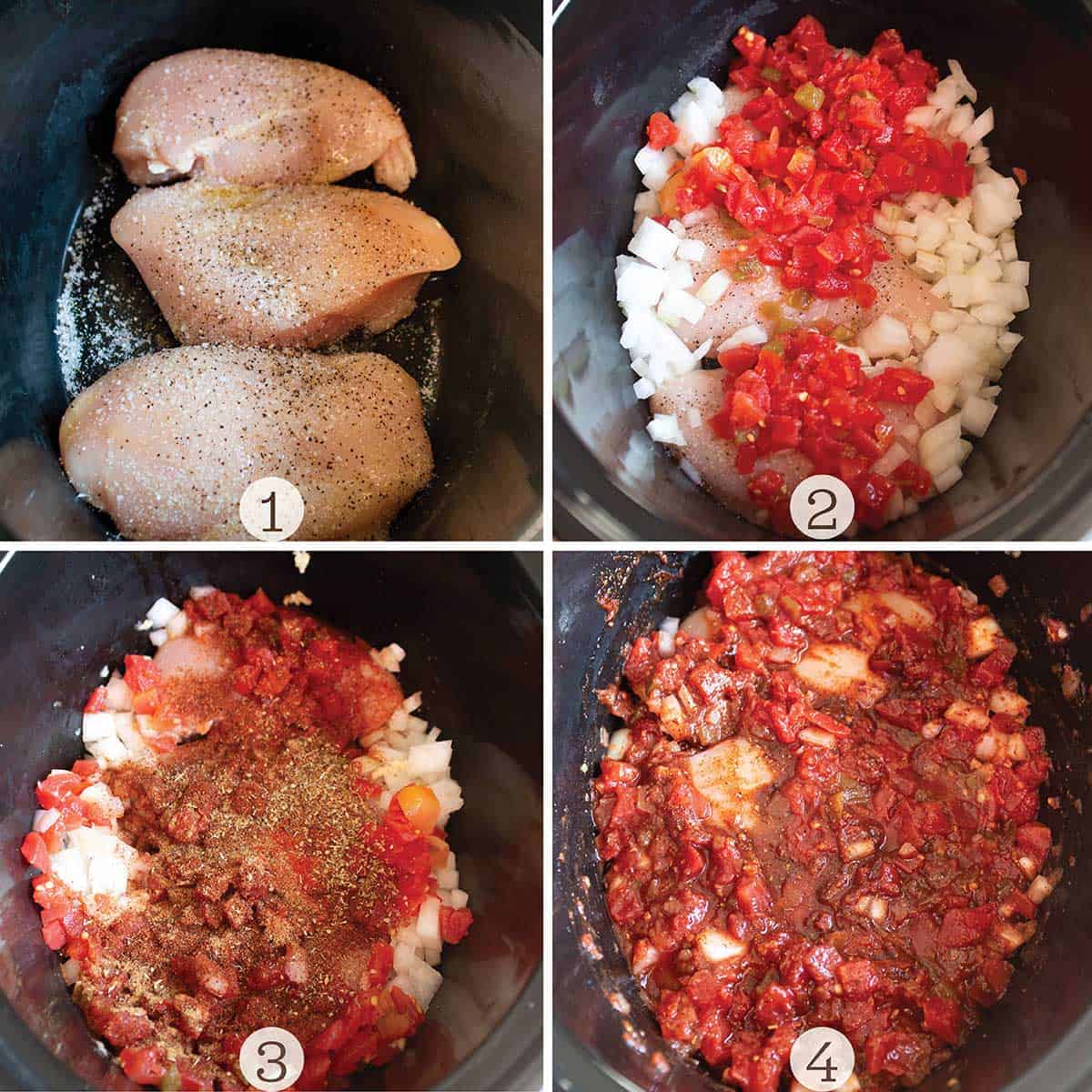 A crock pot filled with chicken, onions, salsa, diced tomatoes and spices. 
