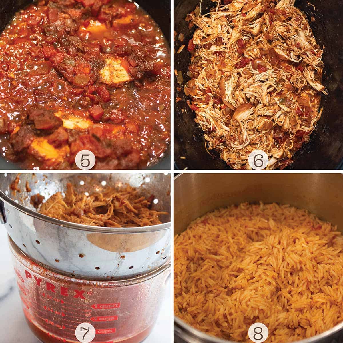 A crock pot full of shredded chicken then the red sauce making rice. 