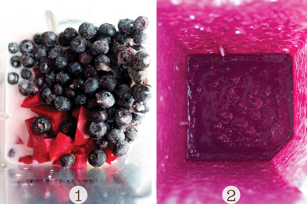 Two images making a beet smoothie. All the ingredients in a blender and then mixed up.