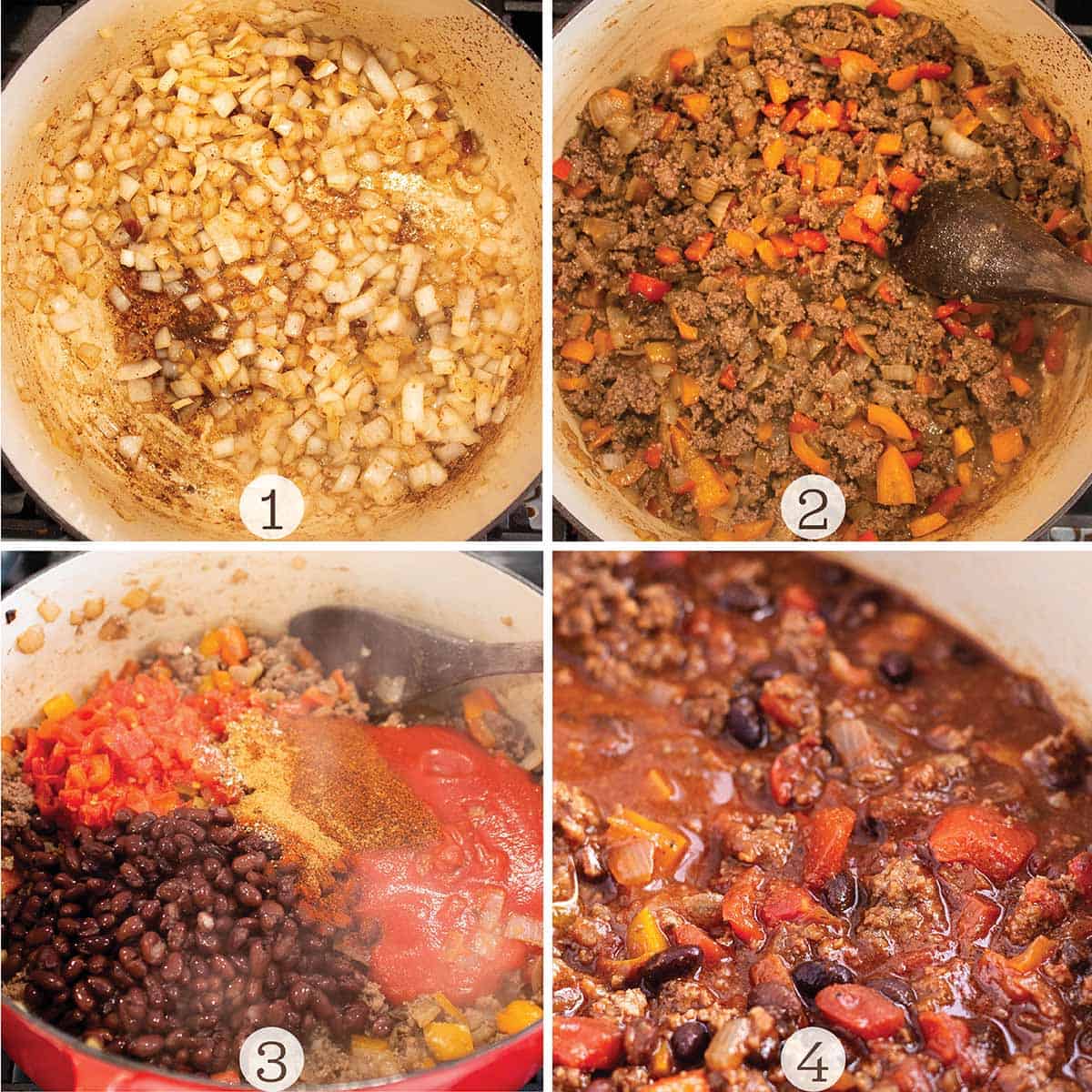Four images of chili being made in a Dutch Oven. 