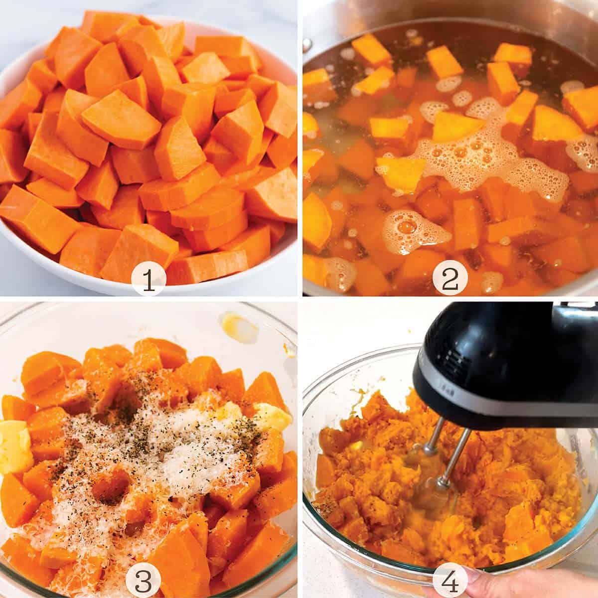 Four images with each step of making mashed sweet potatoes.