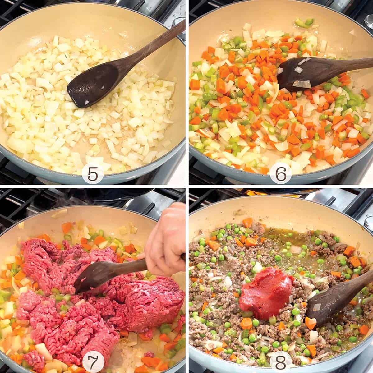 Four images of making a ground beef with vegetable mix. 