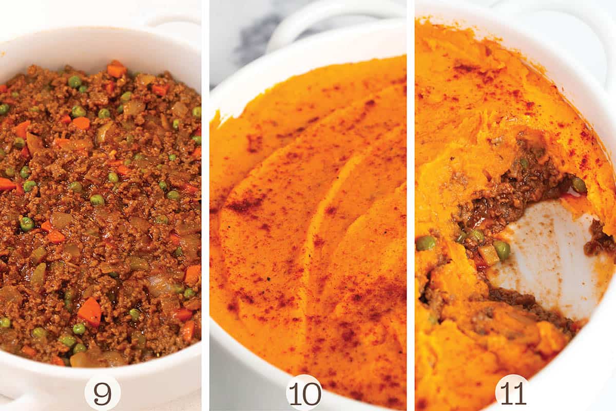 Three photos putting together a shepherds pie., a layer of beef and then the potatoes spread on top.