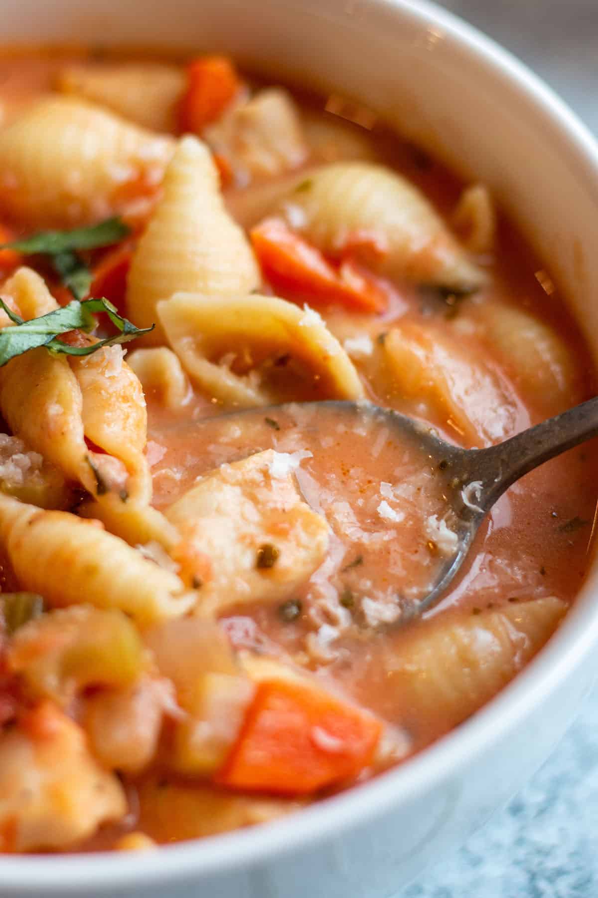 Spoon with creamy tomato soup with noodles, carrots, and basil. 