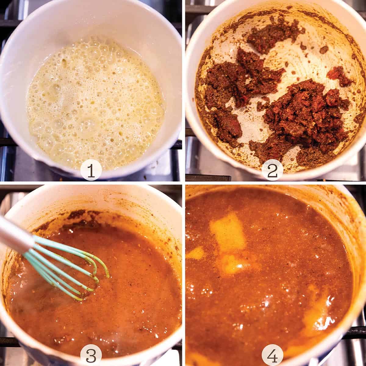 Four step by step images to make homemade enchilada sauce.