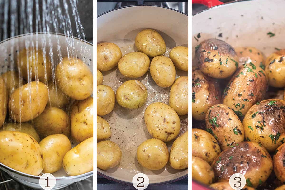Three images of potatoes being washing then cooked in a dutch oven pot. 