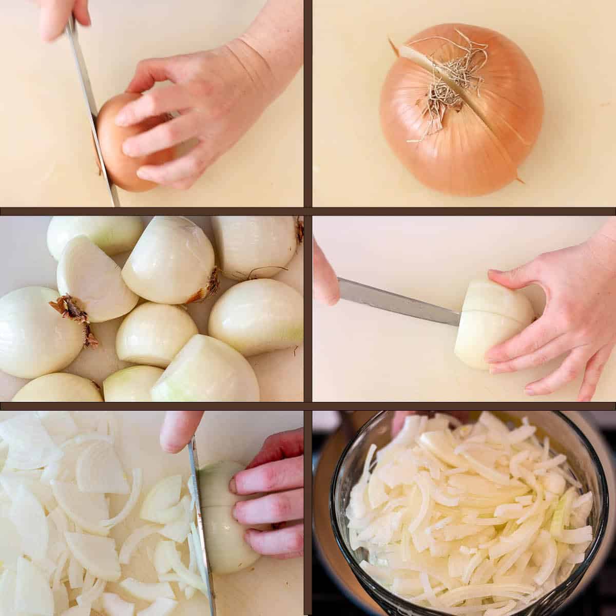 Step by step photo on how to slice onions for French Onion Soup
