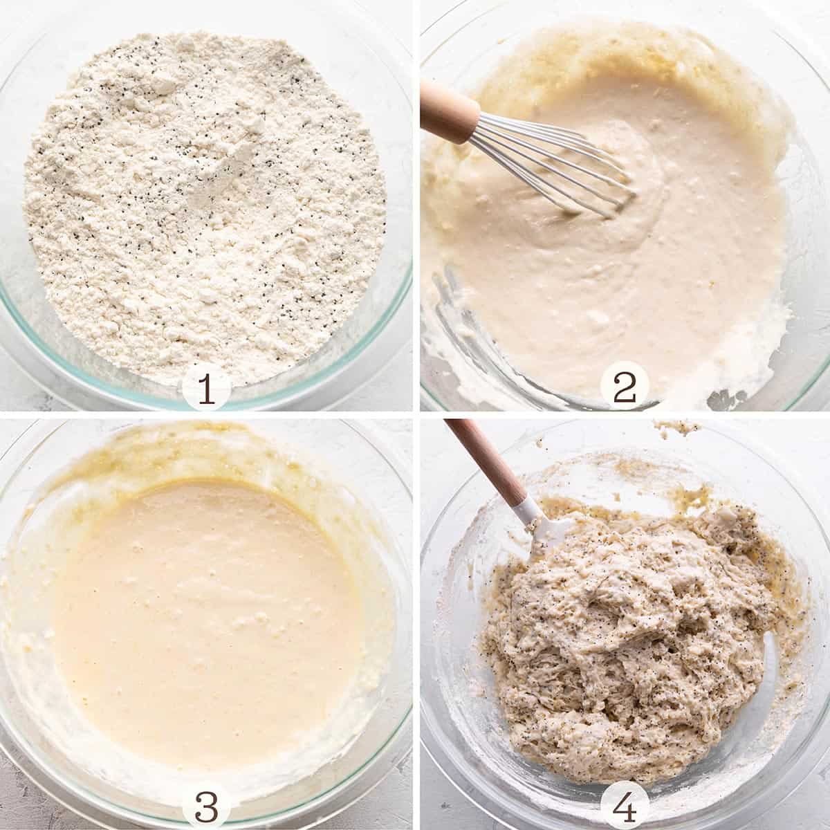 Four images of making muffins. Dry ingredients, wet ingredients and then the two mixed together. 