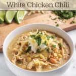 A bowl of a chicken chili with words on it saying Crock-Pot white chicken chili.