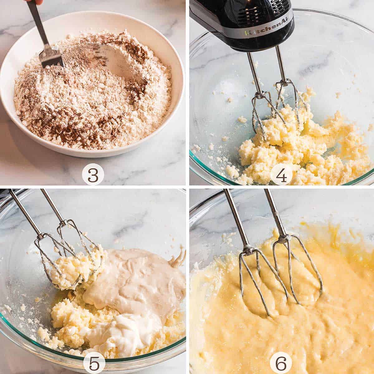 Four images showing how to make banana bread. Mixing the dry ingredients, creaming the butter and sugar and mixing in discard and eggs.