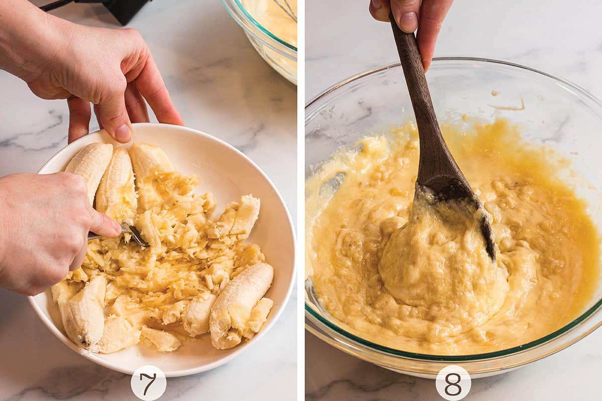 One photo of bananas being mashed with a fork and a second photo of a wooden spoon folding the banana into the batter.