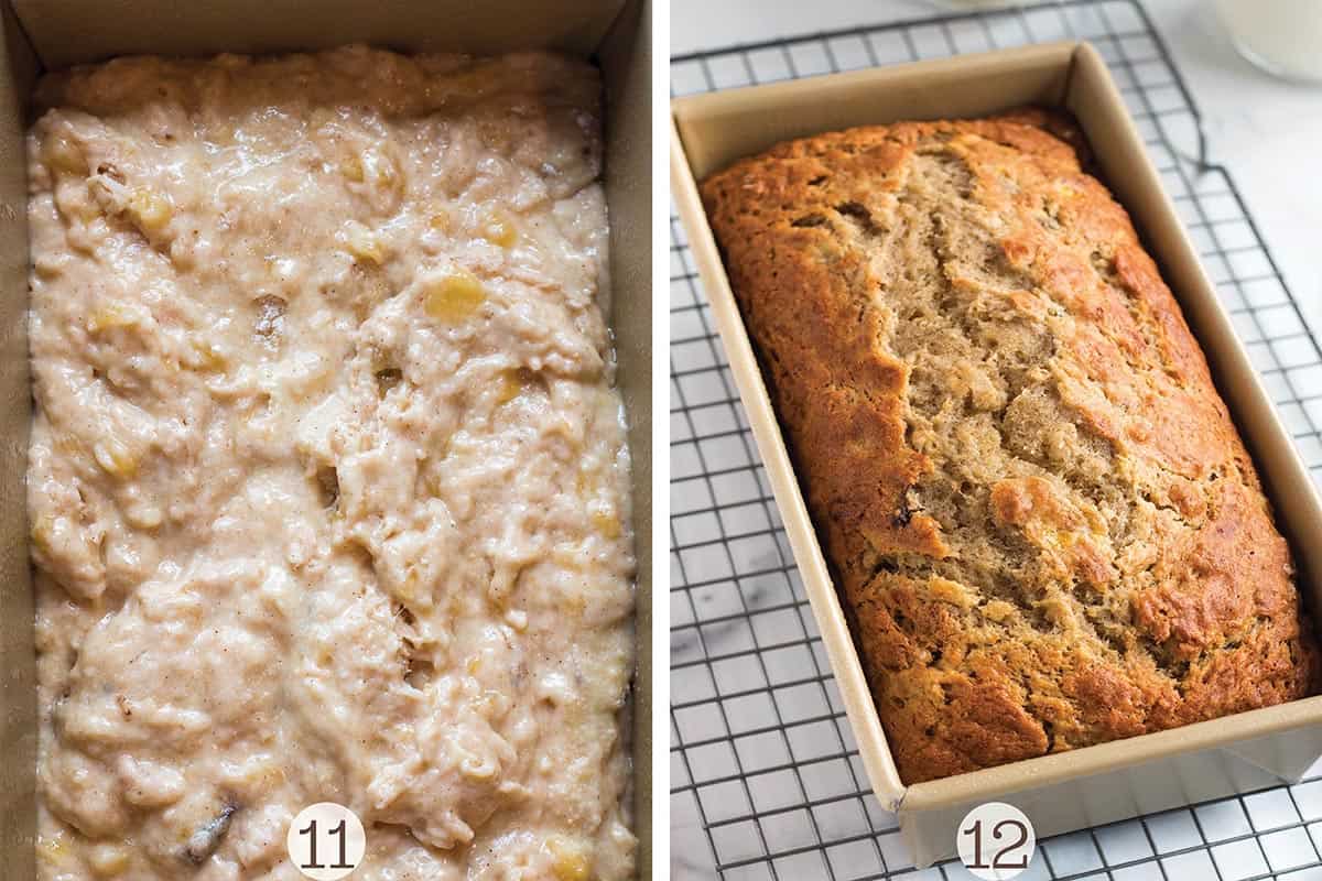 A pan with banana bread batter in a pan and a final image of baked sourdough banana bread.