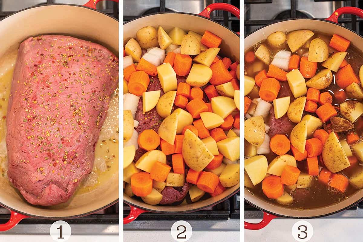Three images of a cut of brisket being seared and then veggies piled on top.