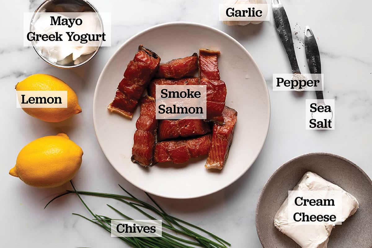 Ingredients prepped to make a smoked salmon dip.