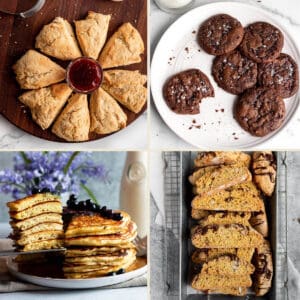 Four photos of sourdough discard recipes. Pancakes, biscotti, cookies and scones.