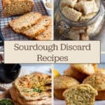 Four different sourdough recipes, banana bread, crackers, naan and lemon muffins in a collage.