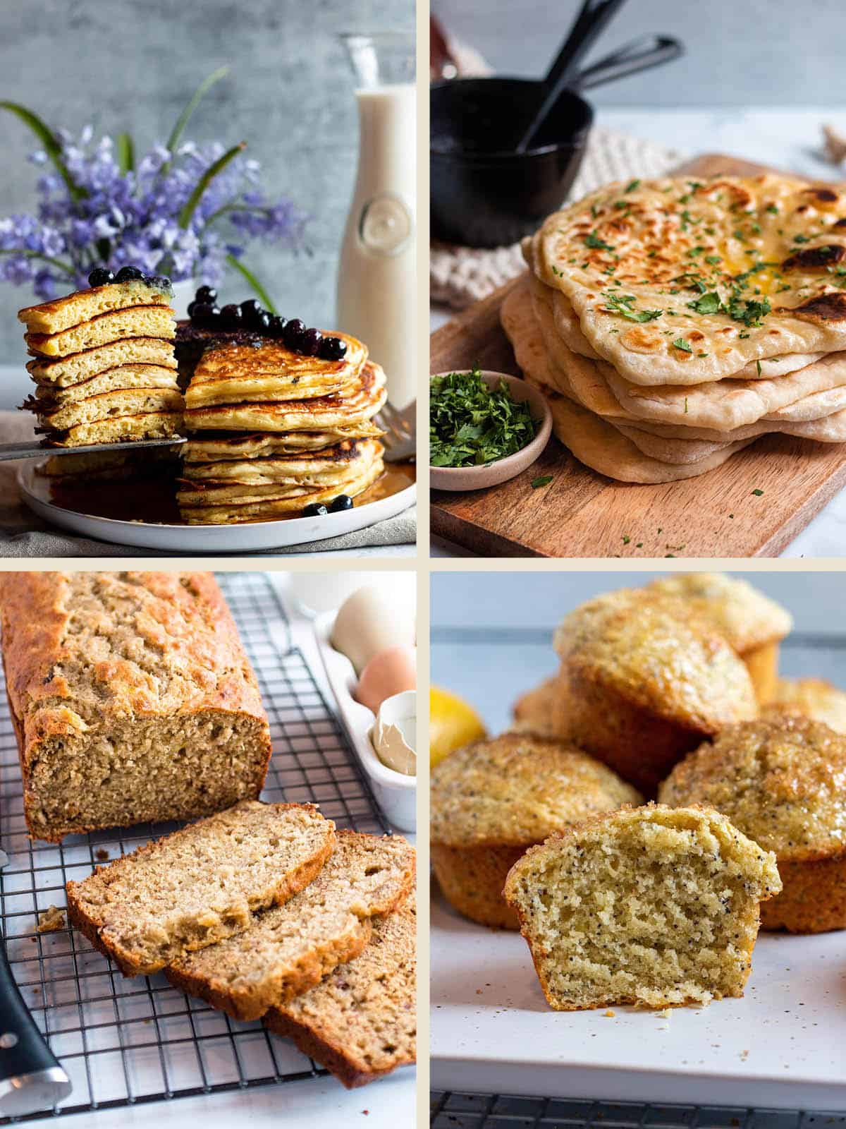 Four photos of different sourdough discard baked goods. Pancakes, naan, banana bread and muffins