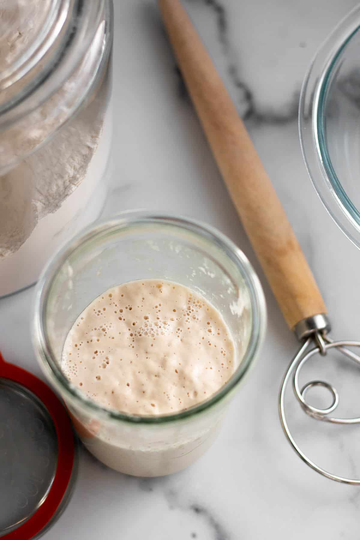 Overhead view of a jar of sourdough starter with a container of flour and danish dough whisk.