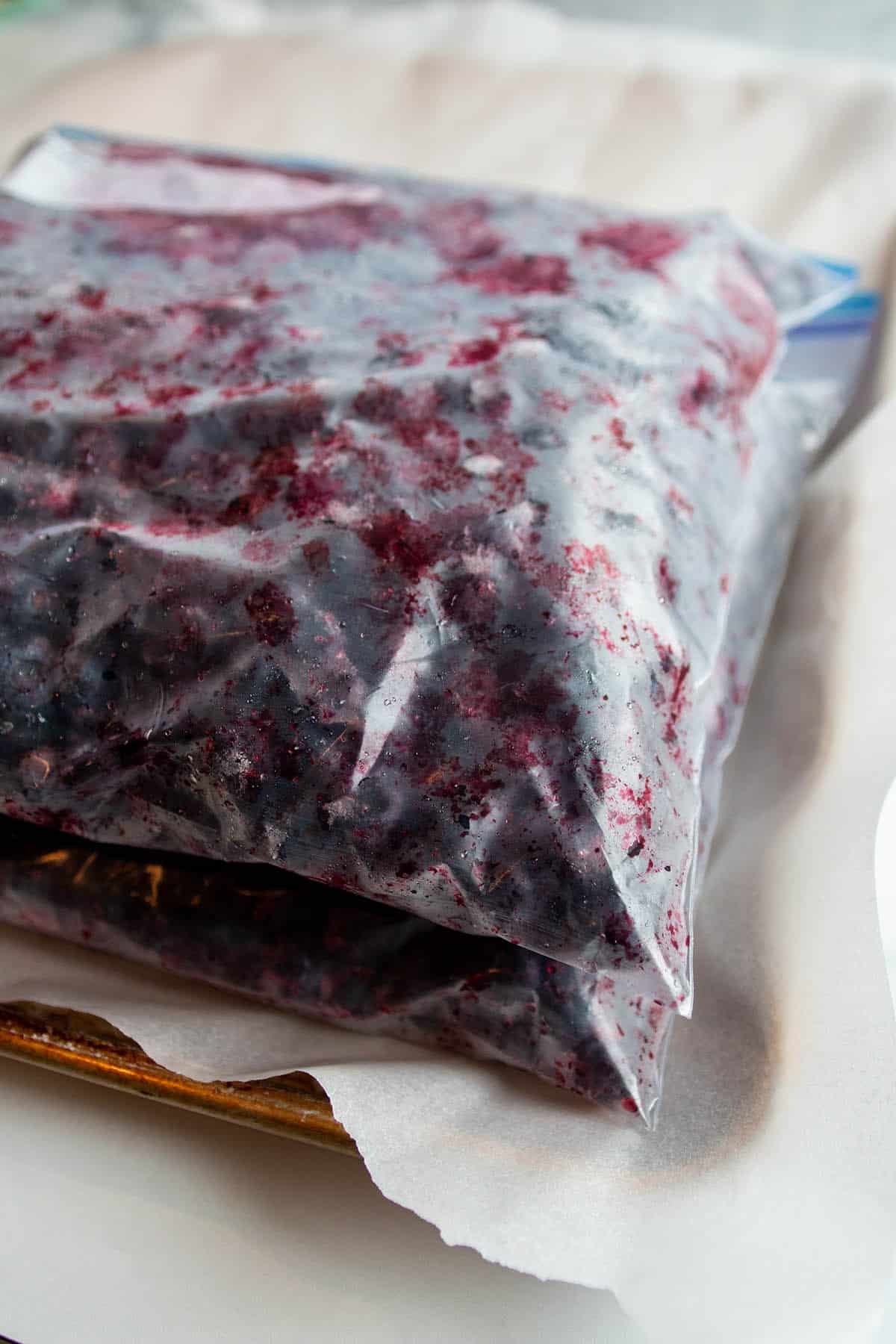 Gallon Ziplock bags with frozen blueberries.