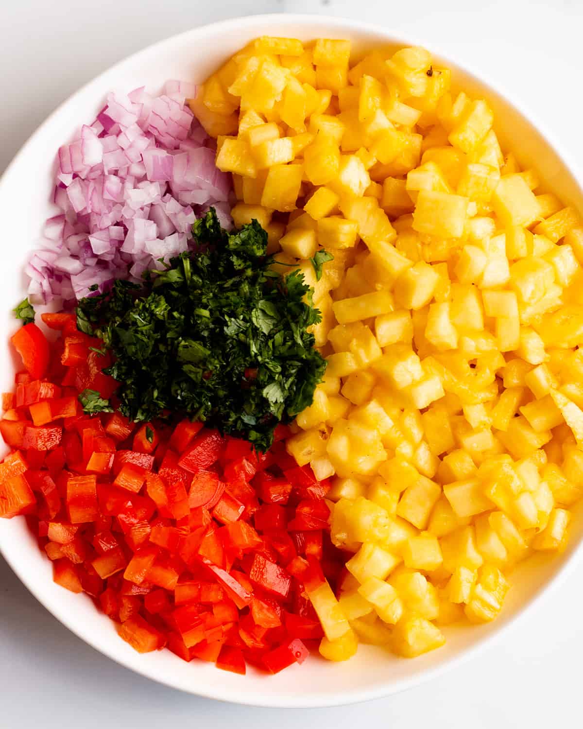 Bowl of diced pineapple, red onion, cilantro, and red peppers.
