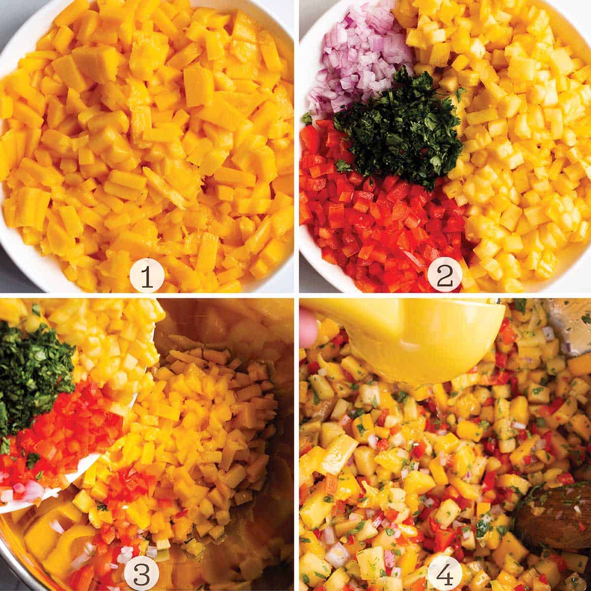 Four images with instructions on how to make a mango salsa. A bowl of diced mangoes and then other produce and fresh lime juice being added in.