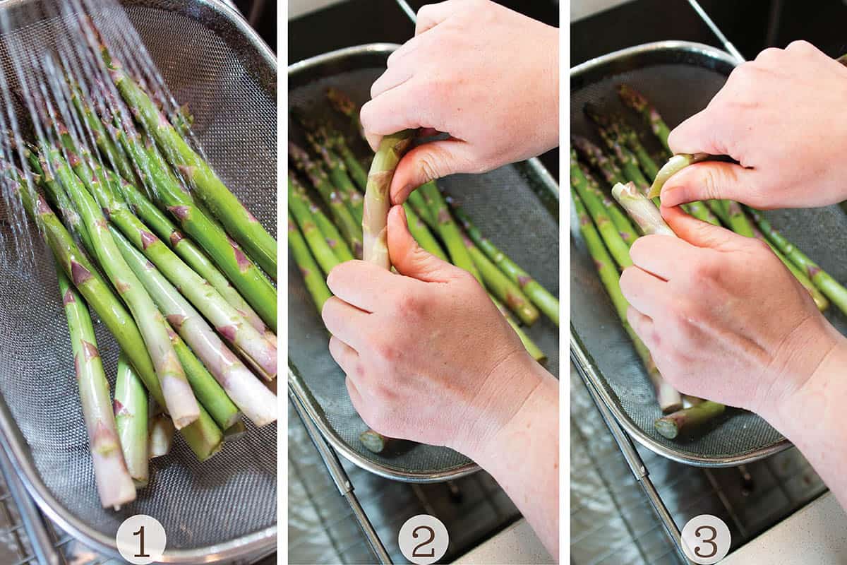 Asparagus being washed and the ends snapped off. 