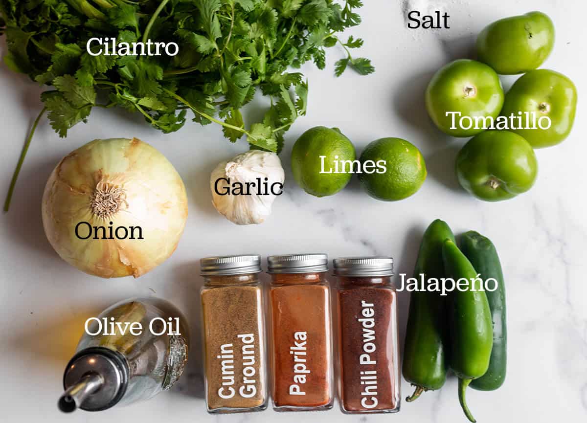Fresh ingredients for salsa. Cilantro, limes, tomatillo, jalapeño, onion, garlic, oil, cumin, chili powder, and cayenne. 