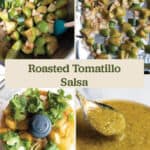 Step by step collage of how to make a roasted tomatillo salsa.