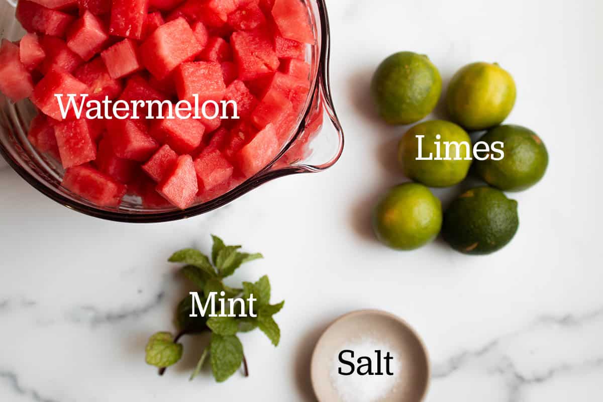 Diced watermelon in a batter bowl, limes, mint leaves and kosher salt. 