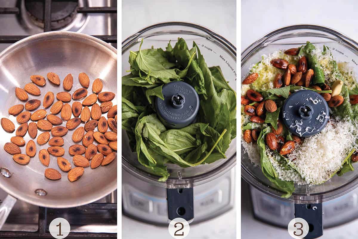 A pan toasting almonds and then a food processor with basil, parmesan and almonds. 