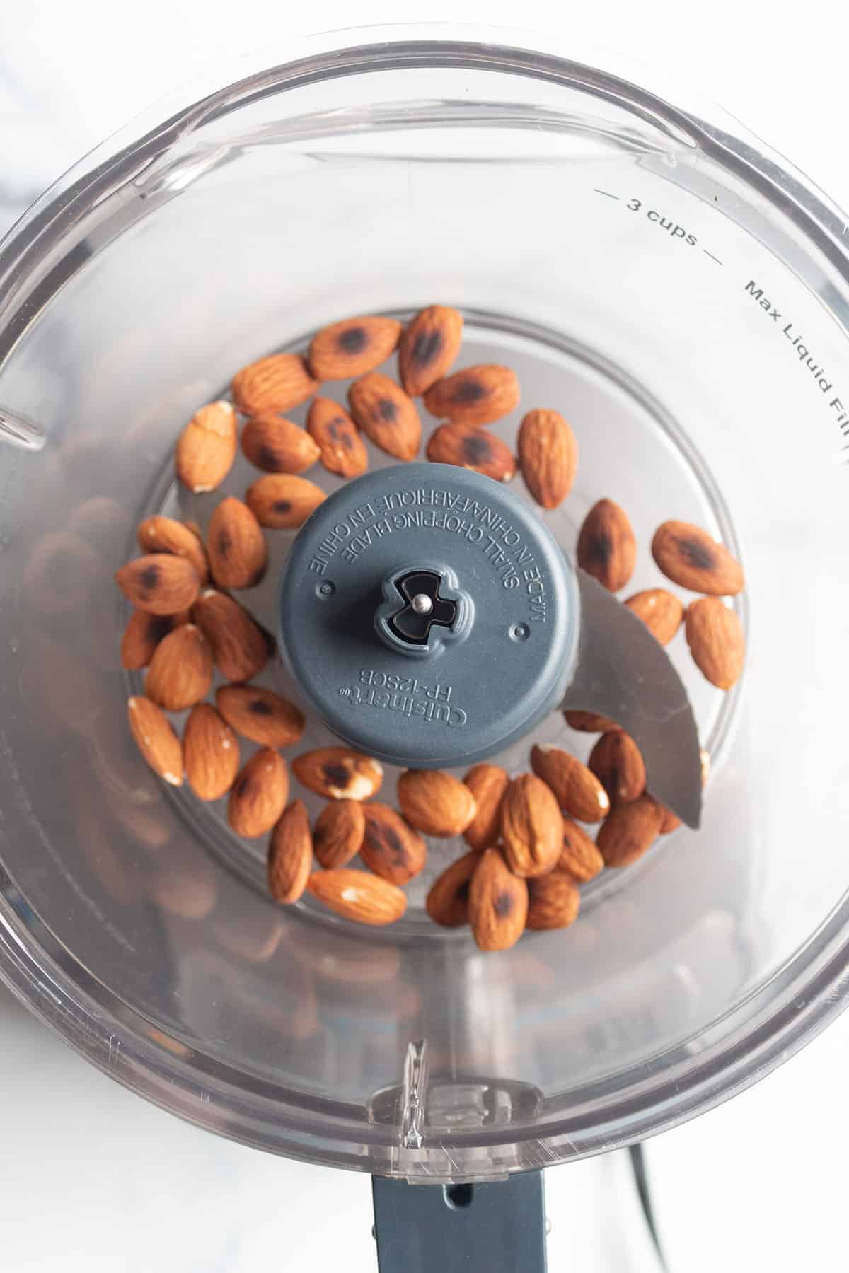 A food processor with blade and freshly toasted almonds. 