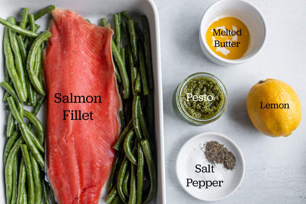Salmon fillet, melted butter, pesto, lemon, salt and pepper. 