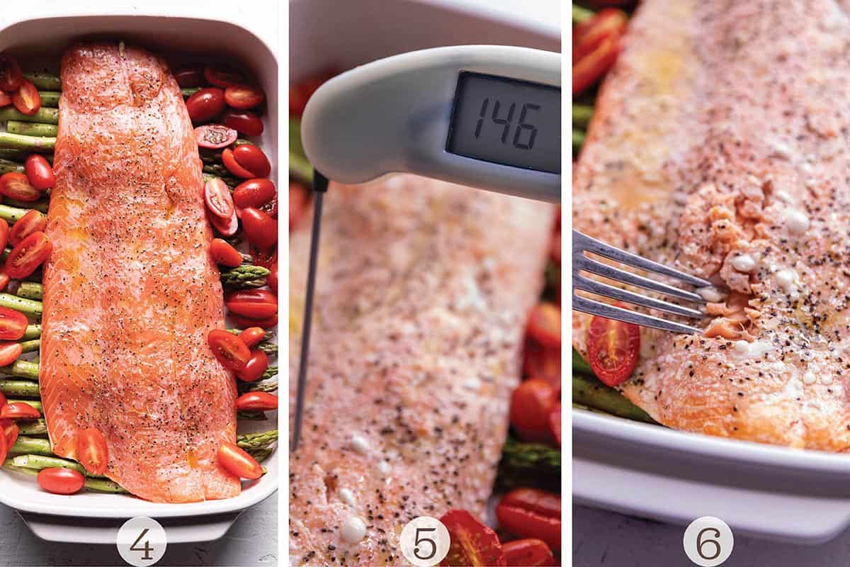 A baking dish with salmon, asparagus, and cherry tomatoes and then thermometer checking the temp.
