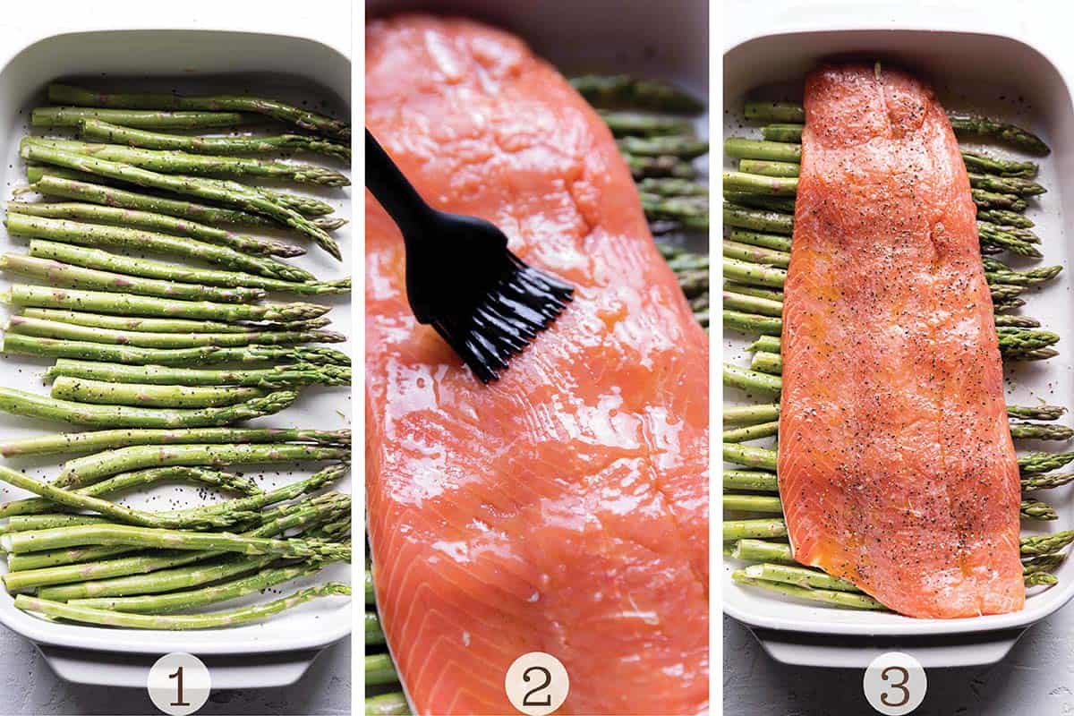 A baking dish with asparagus and then a brush basing olive oil on a salmon filet.