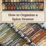 Organized spice jars with white labels and a spice drawer organizer.
