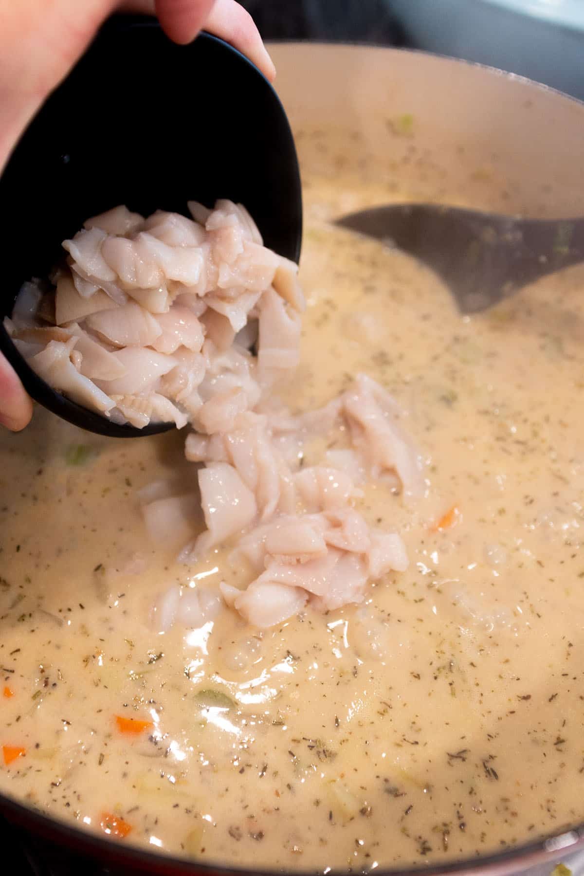 Diced razor clams being added to a potl of chowder.