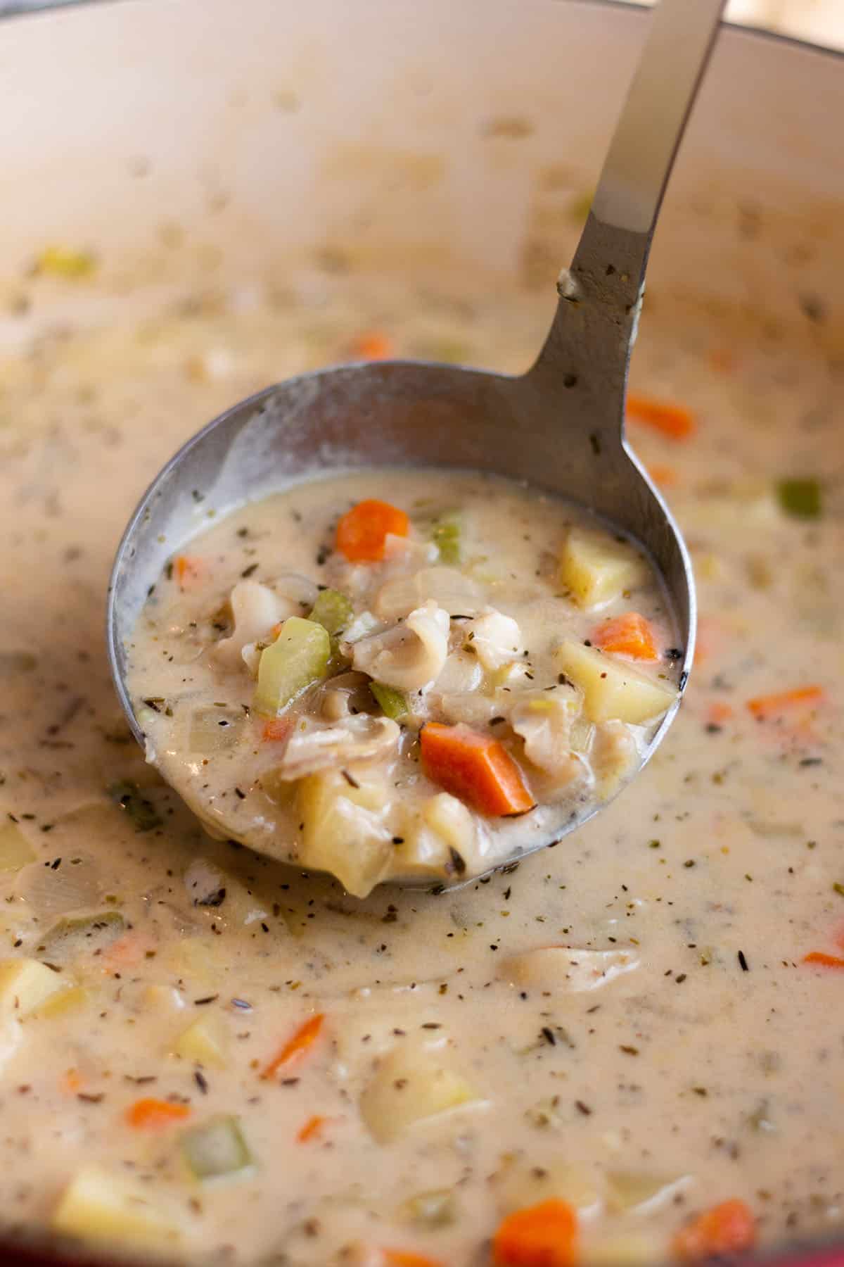 A large Dutch Oven with fresh razor clam chowder with a ladle scooping some out. 