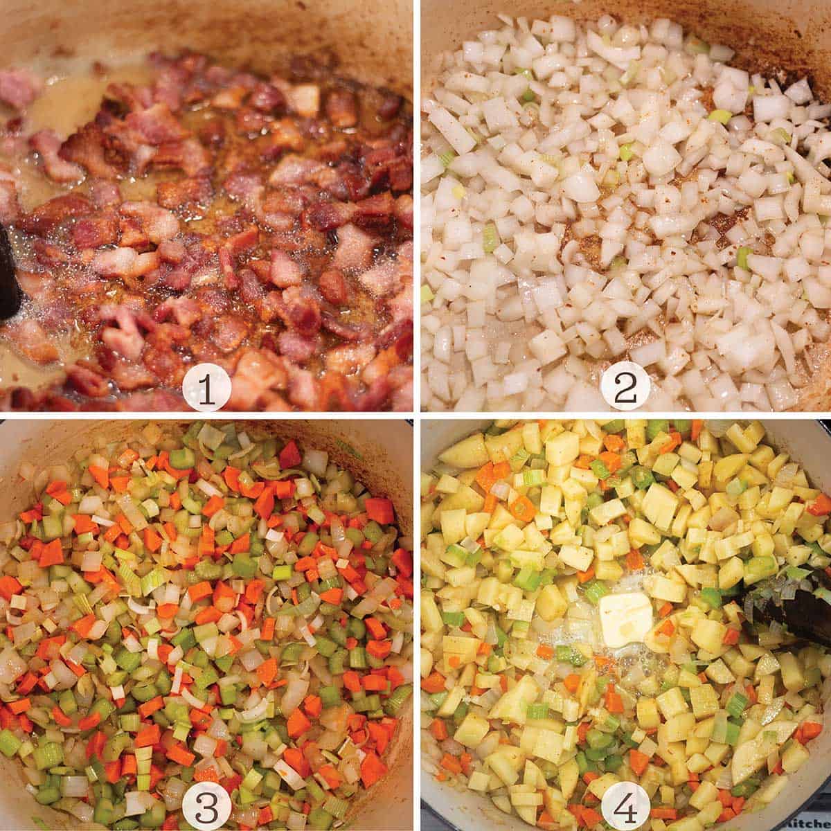 FOur images of soup being made. Bacon simmering, veggies and potatoes sautéing. 