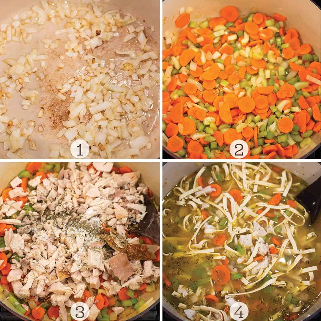 Four images of soup being made in a large Dutch Oven. 