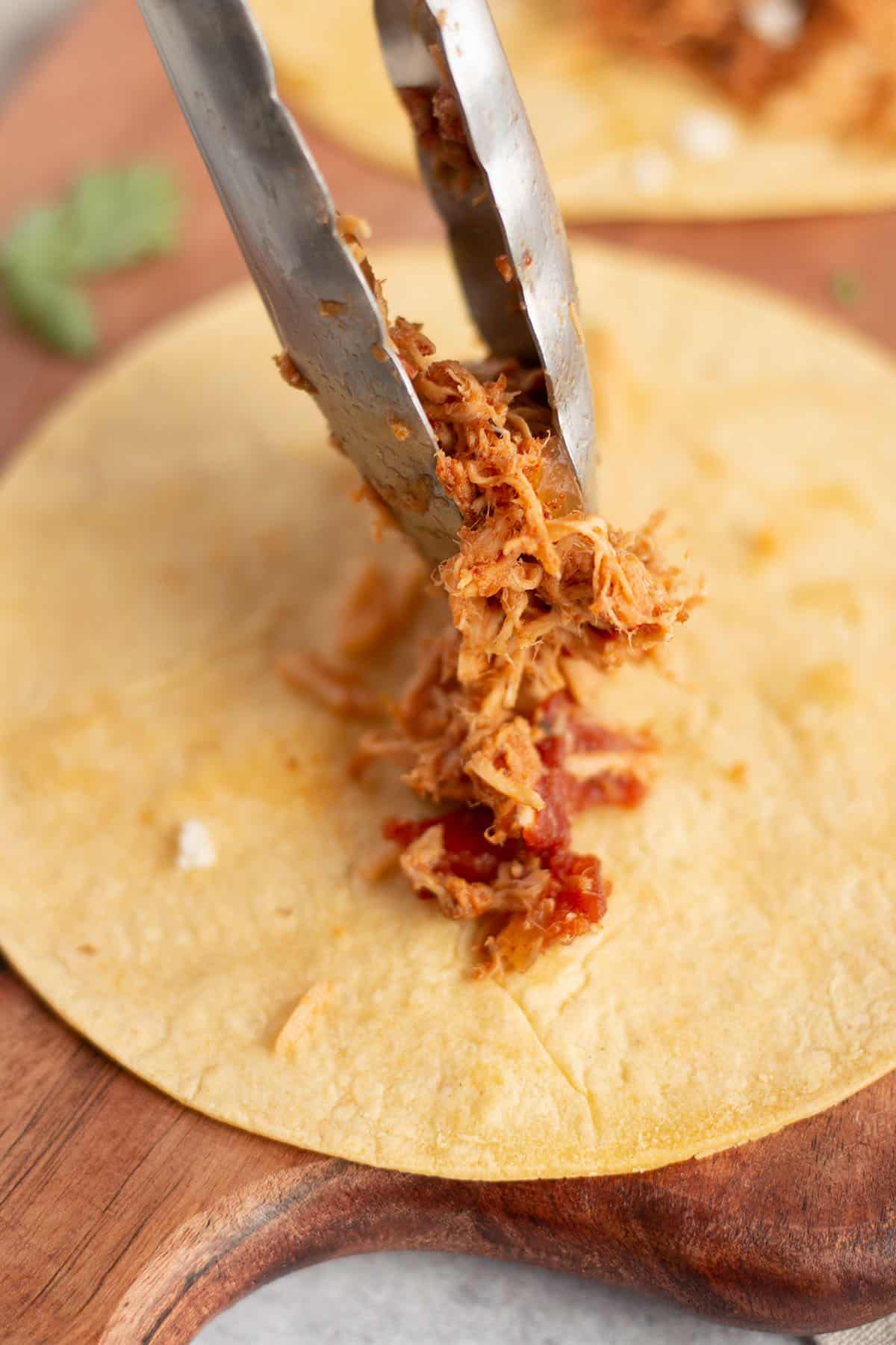 A corn tortilla shell with tongs placing shredded chicken. 