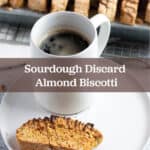 A tray with biscotti drizzled with chocolate and a plate with a mug of coffee and a half eaten biscotti.