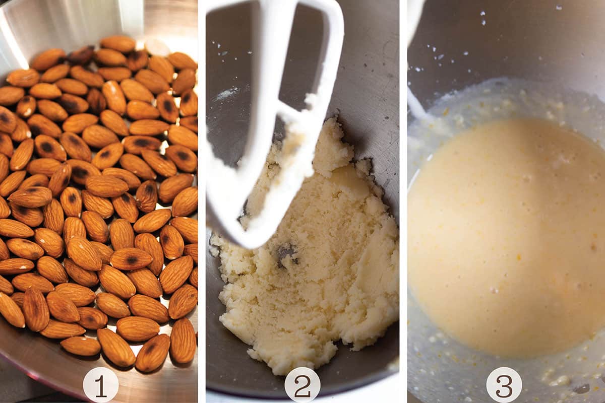 Almonds being toasted and then a stand mixer with sugar and butter being creamed together. 

